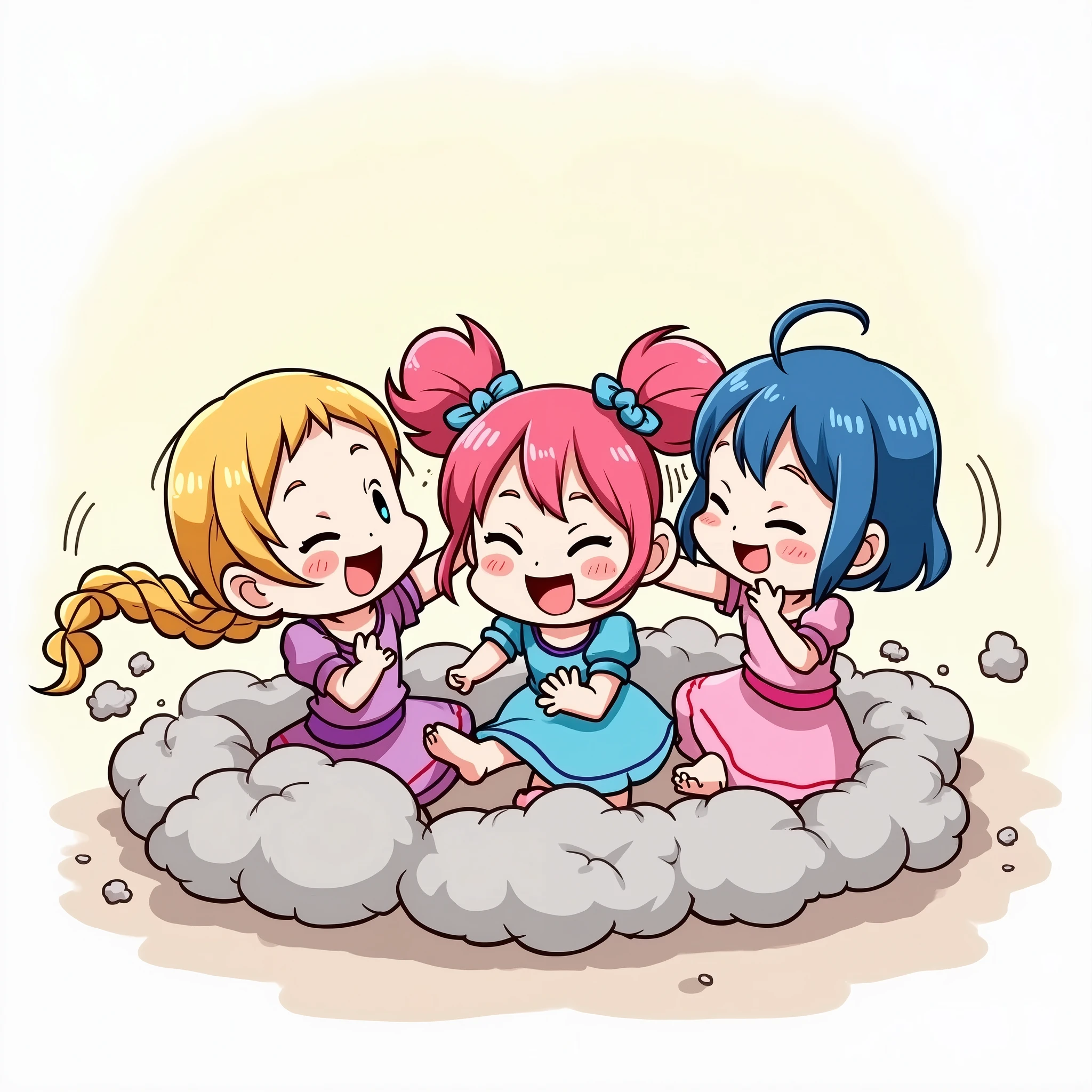 An anime-style illustration depicting three princesses playfully wrestling with each other inside a light gray comical fight cloud (dust cloud).
each princess has different  colored hair: one with blonde braided,another  with pink pony tailes,and one with blue bobcuts.
their faces,hands,and feet are visible emerging from the cloud as they tussle humorously,  with the rest of their bodies completely hidden inside the cloud.
the illustration emphasizes the humorous and energetic nature of their scuffle,with a fluffy  andexaggerated fight cloud.