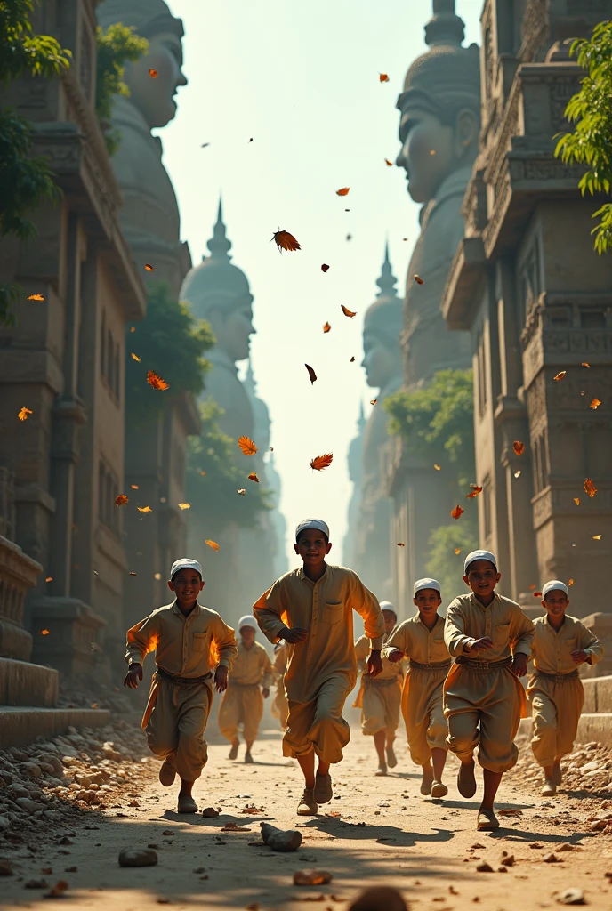 Image of seven Muslim youths running in the middle of a city filled with statues of gods, they look scared and in a hurry