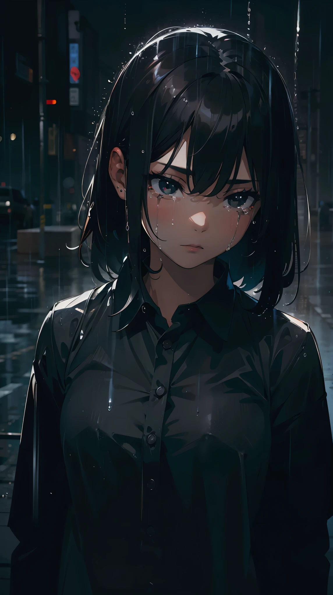 Girl 1, side, upper body, long black hair, black skin, black eyes, crying, rain, rain effect on clothes, shirt, high quality, high definition details, detailed lighting