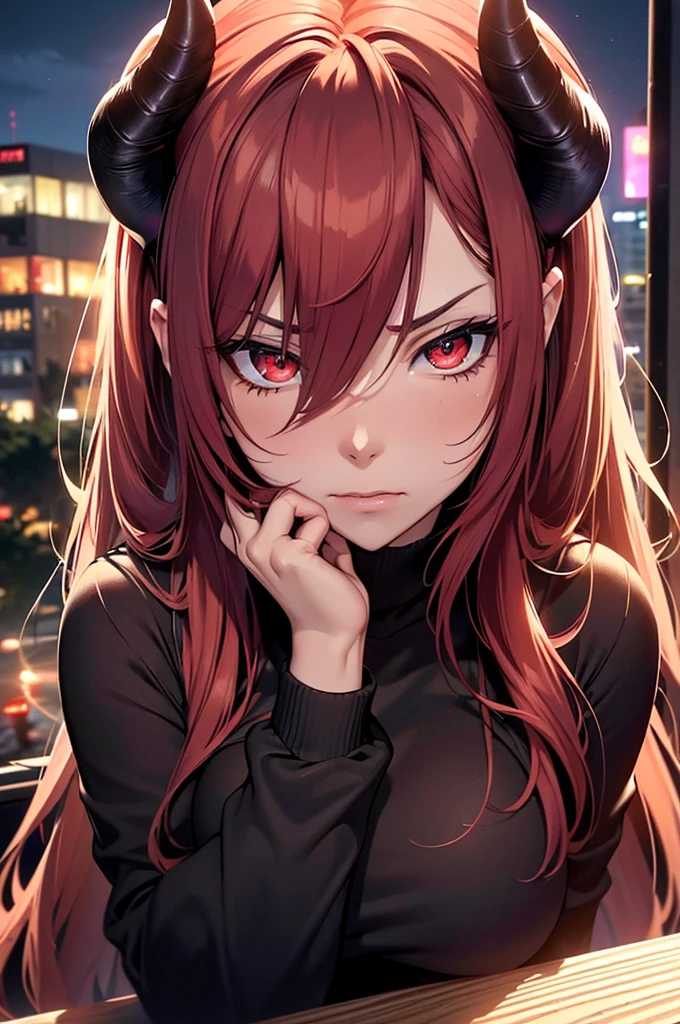(best quality,4k,8k,highres,masterpiece:1.2),ultra-detailed,(realistic,photorealistic,photo-realistic:1.37) tsundere red haired succubus with a disgusted look on her face, imp tail, horns, sexy outfit, beautiful, modern day city, night time
