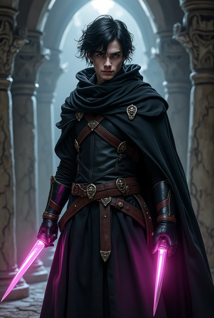 dnd, dungeons and dragons, lightfoot halfling, rogue, short, little person, tiny adult, assassin, psychic, solo, single person, pale white skin, short wavy black hair, light grey eyes, handsome, male, skinny, (photorealism:1.2), black leather armor, black cloak, mask covering nose and mouth, short pink ethereal knives in both hands, magic, ((masterpiece, best quality)), trending artwork