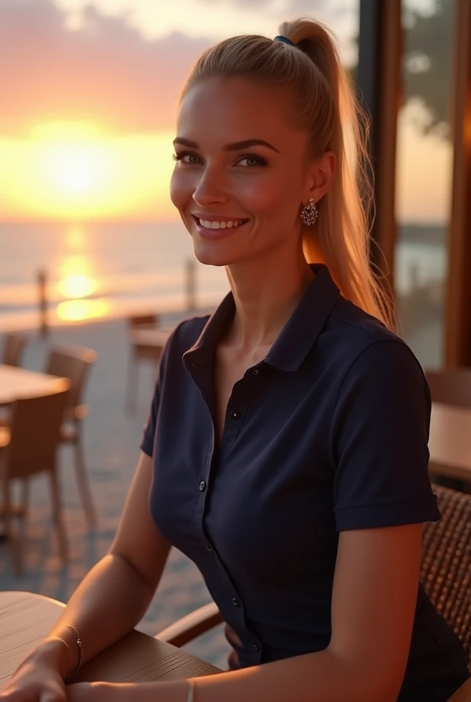 masterpiece, best quality, extremely detailed, hyperrealistic, photorealistic:1.1, a beautiful 20s french model, terrace, beach, cafe, in the sunset, navy polo shirt:1.2, sitting, ultra detailed face, high pony tail, blonde hair, pale skin, busty breasts, smiling