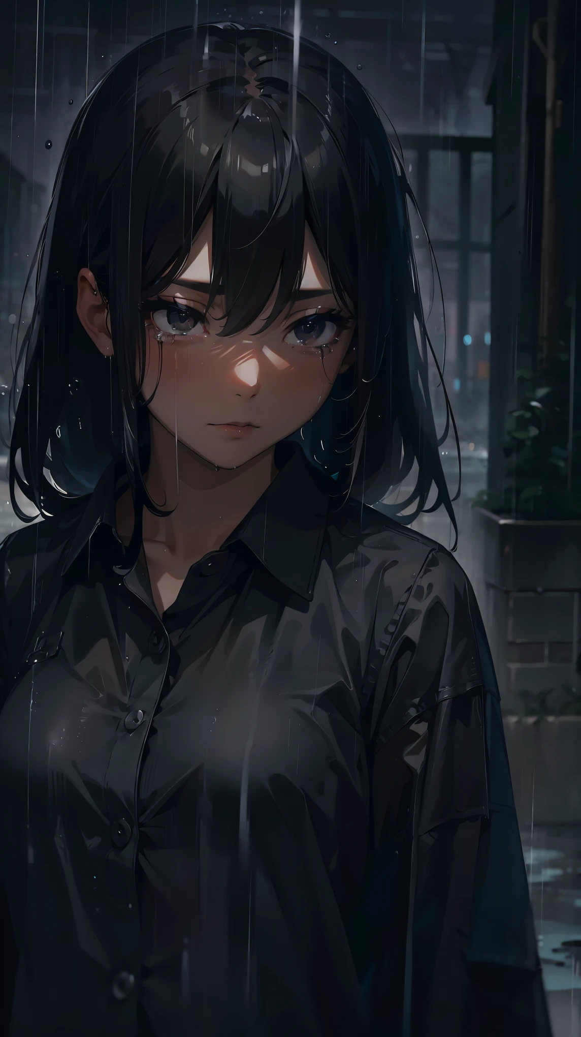 Girl 1, side, upper body, long black hair, black skin, black eyes, crying, rain, rain effect on clothes, shirt, high quality, high definition details, detailed lighting