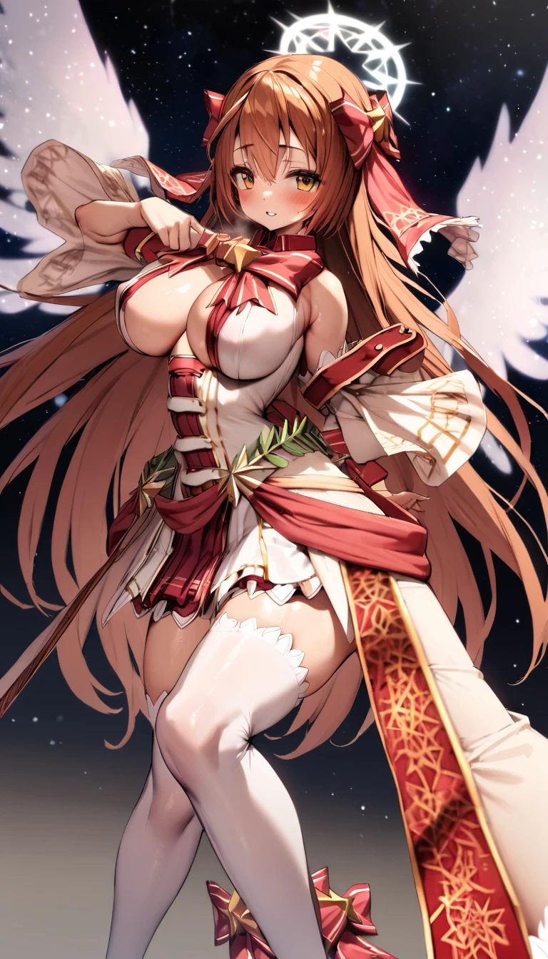 masterpiece, best quality, extremely detailed, good anatomy, starry sky, parted lips, angelic smile, looking at viewer, beautiful girl, brown eyes, brown hair, long hair, large breasts, see-through angel wings, halo, hair ornament ribbon, knee socks, sexy pose,nsfw
