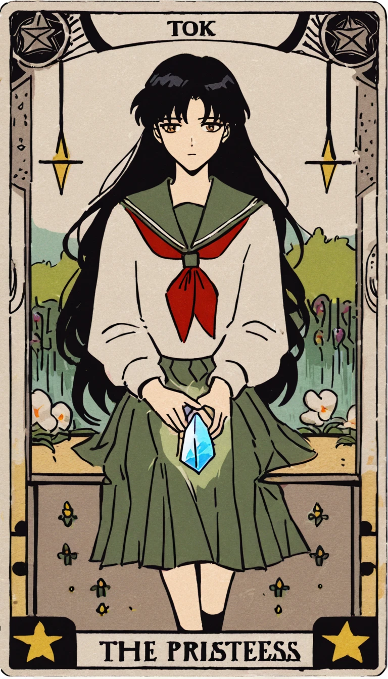 SWholo sitting in the garden, kagomexl, long hair, black hair, brown eyes, bangs, school uniform, serafuku, sailor collar, red neckerchief, text, lks73zb1, tarot card style , ((TAROT CARD ART)) that represents Kagome (wearing a green skirted Japanese schoolgirl uniform) from Inuyasha in traditional tarot art style. holding floating crystal shard. dreamy look, breathtaking, stunning creative medieval tarot art. text at the bottom reads "The Priestess" arcana in the style of TOK a trtcrd, tarot style, kagomexl, long hair, black hair, brown eyes, bangs, school uniform, serafuku, sailor collar, red neckerchief,