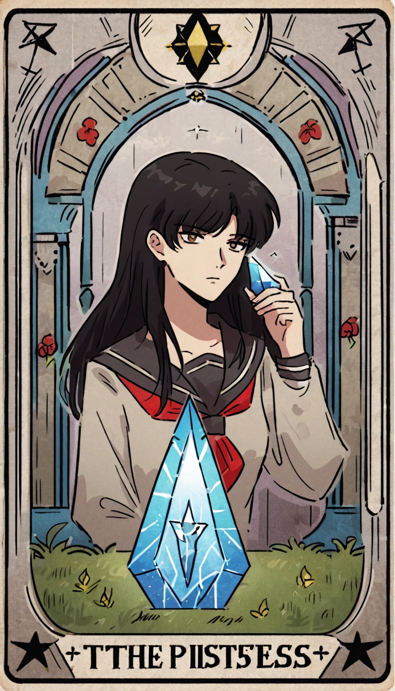 SWholo sitting in the garden, kagomexl, long hair, black hair, brown eyes, bangs, school uniform, serafuku, sailor collar, red neckerchief, text, lks73zb1, tarot card style , ((TAROT CARD ART)) that represents Kagome (wearing a green skirted Japanese schoolgirl uniform) from Inuyasha in traditional tarot art style. holding floating crystal shard. dreamy look, breathtaking, stunning creative medieval tarot art. text at the bottom reads "The Priestess" arcana in the style of TOK a trtcrd, tarot style, kagomexl, long hair, black hair, brown eyes, bangs, school uniform, serafuku, sailor collar, red neckerchief,