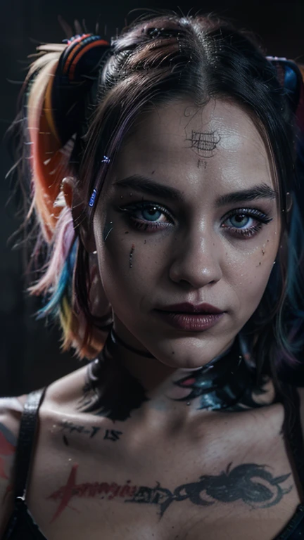 A beautiful detailed portrait of Harley Quinn, extremely detailed face and eyes, beautiful detailed lips, longeyelashes, 1girl, perfect skin, intricate details, explosive expression, dynamic pose, dark moody lighting, cinematic, dramatic shadows, intense colors, vibrant palette, neon highlights, grunge, comic book style, digital art, 8k, highly detailed, photorealistic, masterpiece