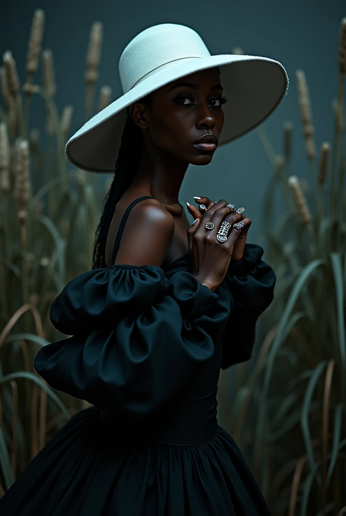 extremely detailed, colorful haunting a mysterious puzzle of a lady, side glances to camera, from behind, face forwards, waist bend, dark skin, mixed cultures, staring intense, her hand adorned with silver elegant rings, artistic rings stunning, display each finger, skin metal contrast, attractive danger, she looks to us, styled white hat brim towards us, see into your soul, good luck, high grasses, stylized dark clothing layers, dark room, moon light