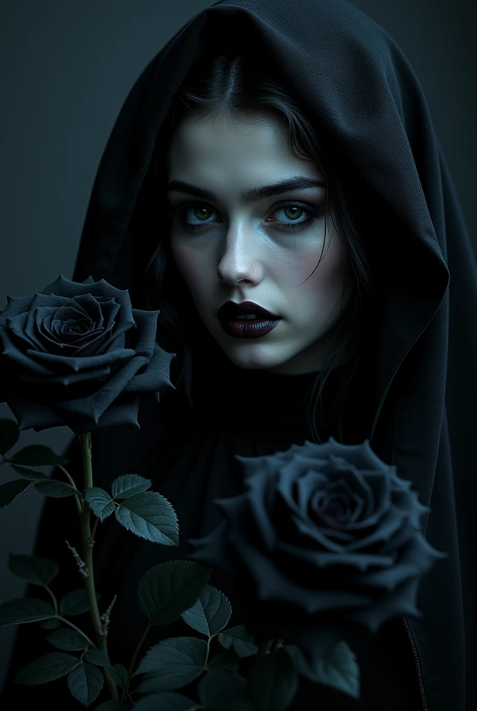 A dark velvety black gradient background, black roses with thorny black roots, beautiful detailed eyes, beautiful detailed lips, extremely detailed eyes and face, long eyelashes, dark fantasy, dark gothic, dark moody, chiaroscuro lighting, dramatic lighting, dark colors, cold colors, (best quality,4k,8k,highres,masterpiece:1.2),ultra-detailed,(realistic,photorealistic,photo-realistic:1.37)