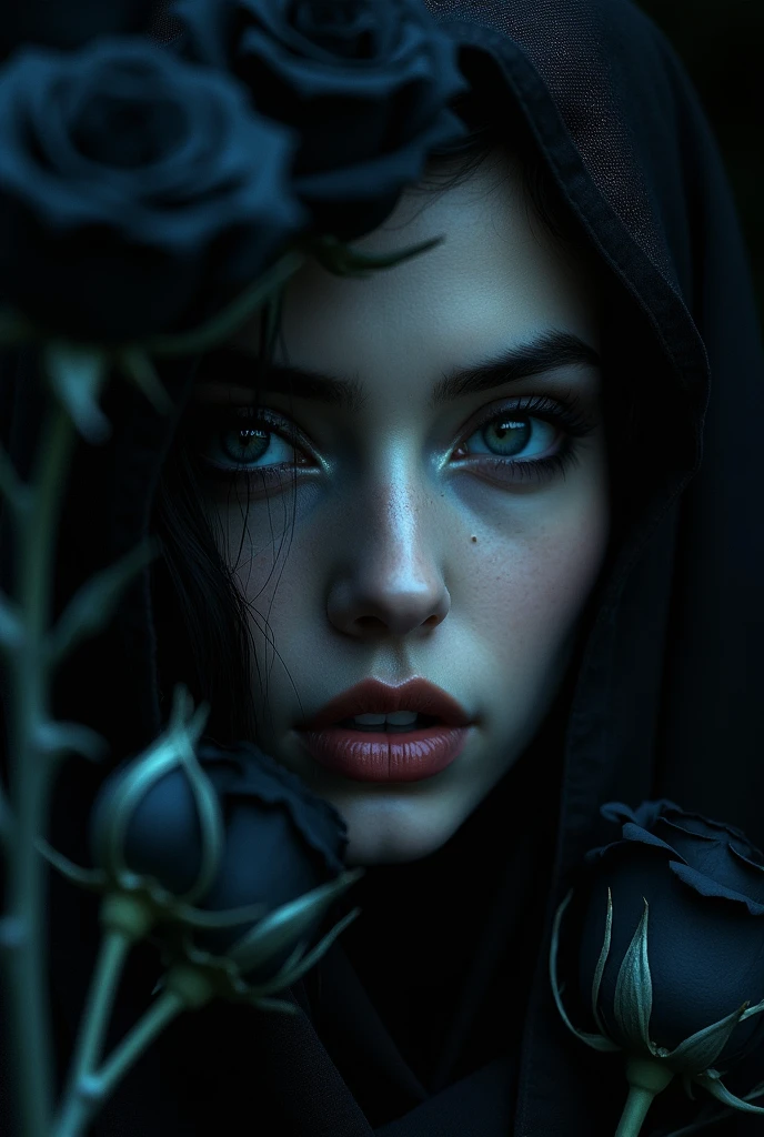 A dark velvety black gradient background, black roses with thorny black roots, beautiful detailed eyes, beautiful detailed lips, extremely detailed eyes and face, long eyelashes, dark fantasy, dark gothic, dark moody, chiaroscuro lighting, dramatic lighting, dark colors, cold colors, (best quality,4k,8k,highres,masterpiece:1.2),ultra-detailed,(realistic,photorealistic,photo-realistic:1.37)