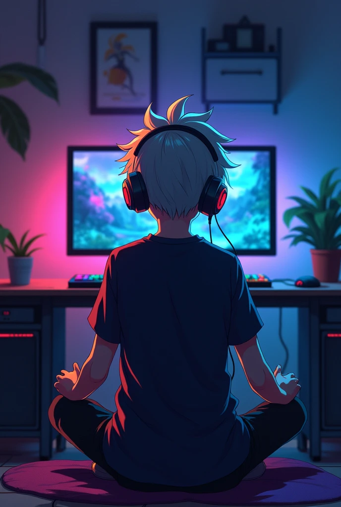 playing a game、anime character young boy、full body sitting gaming computer、2Monitors、dark room、wearing headphones、gray hair、A sly smile、night room、gaming keyboard、Gaming Mouse、gaming pc、facing this way、white hair、silver hair、暗いnight room、Rainbow LED keyboard、Colorful LED keyboard、Colorful LED Mouse