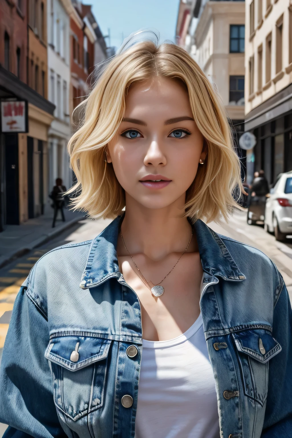 Super Resolution、Beautiful Caucasian Woman、、Blonde、Short Haircut、Wavy Hair、、blue eyes、、ear piercing、necklace、Denim jacket、shirt、Open your mouth a little、The background is the street, Task progress 70%%