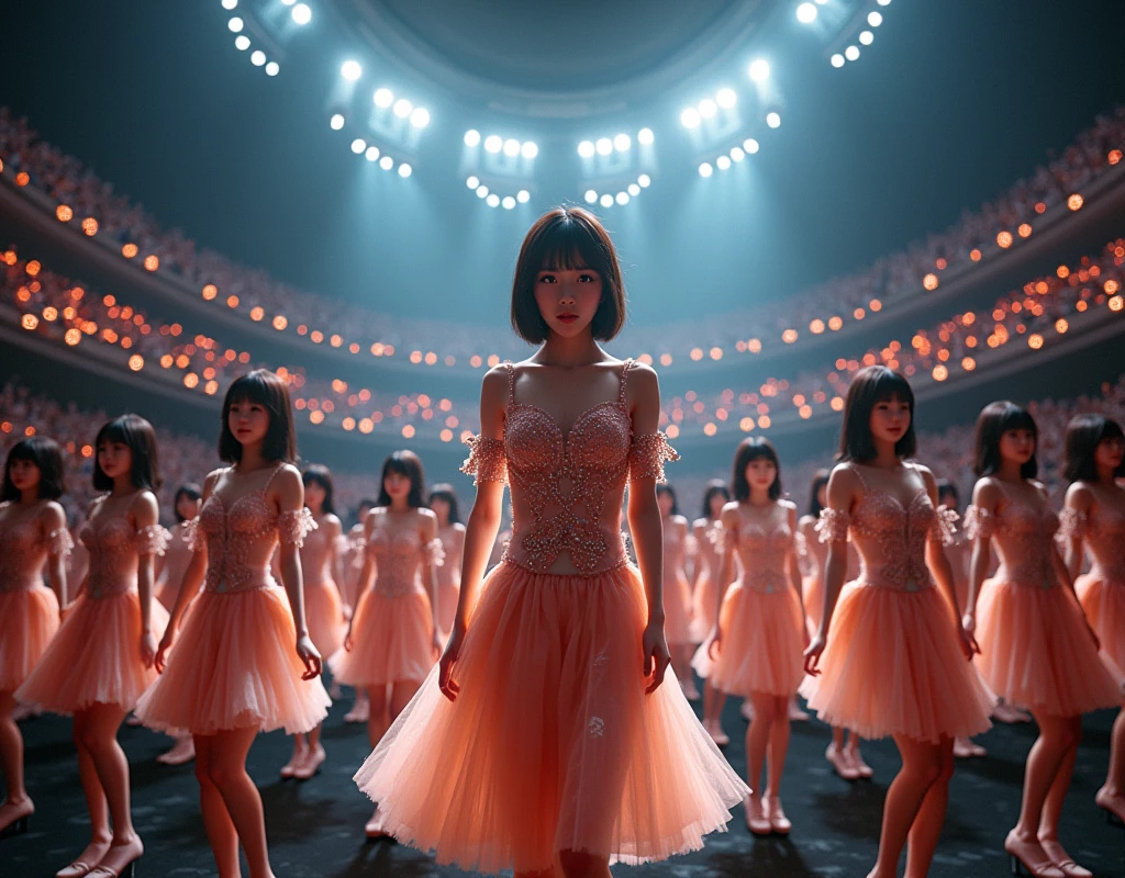 [Japanese Clone girls=Myself], [Perfect Clone girls Raw Photography Art], [16K, Highest quality, Ultra-high resolution], (((Unrealistic, Unprecedented sight, (((A World of Myself Proliferation, Ultra-realistic)))))), (Japanese, woman, 22-year-old, Saito-Asuka), ((Small face, Brown and black hair, Short Hair)), ((Very beautiful detailed girls, Accurate body structure, Very detailed and perfect super busty body)), ((amazing super big tits, Large, swelling breasts)), (Dark Eyes, Mature face, Cute Smile, A gentle gaze), (Happy laughter), [[(((((Very detailed, 1girl-1,000,000,000,000,000,000,000,000,000,000,000,000,000cloning girls))))), (((((A very detailed and precise description of the doppelganger, Perfectly the same girl, The exact same smile, Perfect same hair, Perfect same clothes, Exactly the same height, Perfect same super busty))))), (((((Myself only))))), (((Very detailed, on stage, Idol Group, Nogizaka46's stage costumes, 30,000Myself))), (((Very detailed, Audience seats, camisole, 150,000,000Myself)))]], (((Perfect description, Smiling face, hug, wave hands, Matching poses, Matching dance))), (((Very detailed, Super crowded in a different dimension, Abnormal crowding, Super crowded))), (Large Concert Hall, Illuminated by spotlights, Live Stage Lighting), (((Wide field of view, Very detailed and clear hyper-perspective drawing)))),top view, Group photo of idol group