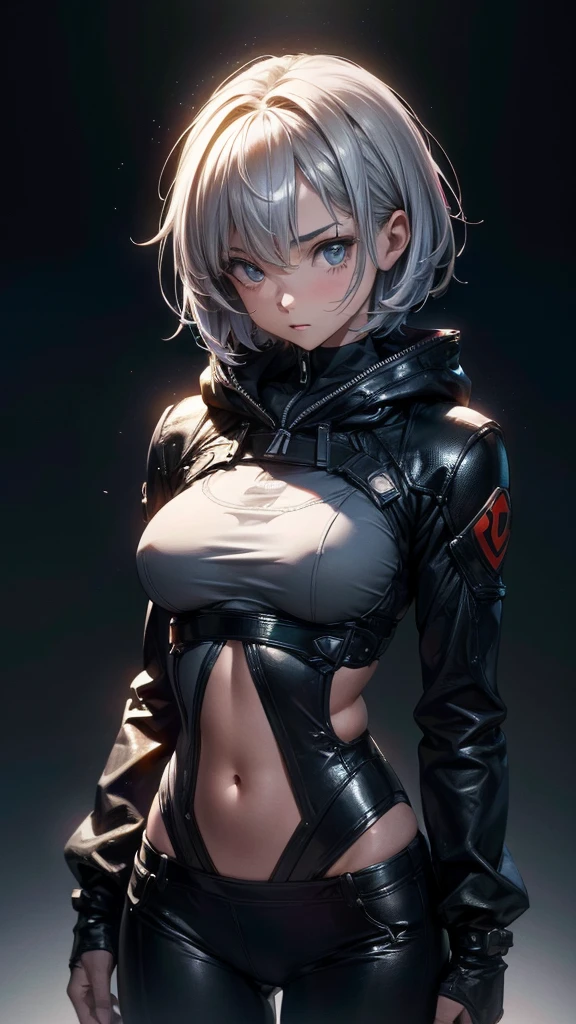 (Highly detailed CG unit 8k wallpaper, masterpiece, High resolution, highest quality, natural skin texture), ((20 year old woman, Composition from head to abdomen:1.5, upper body focus:1.5)), Hands in pockets pose:1.5, detailed eyes, gradient eyes, hooded hoodie, Asymmetrical punk short hair:1.2, Ash gray hair color, high contrast, hyper realistic, digital painting, concept art,