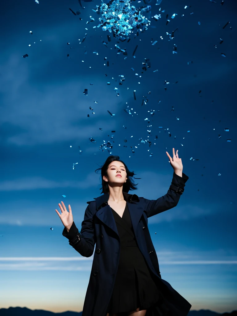 (Highest quality, masterpiece),(One person, trench coat,expression, blue eyes, View your viewers, Black Hair, Mouth closed, Dress shirt, Black Skirt, Waving to the audience), (Reduce Blue Light, Blue glass shards swirling behind, Floating objects, Night Sky)
