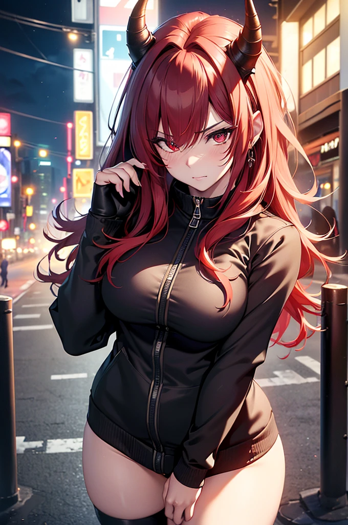 (best quality,4k,8k,highres,masterpiece:1.2),ultra-detailed,(realistic,photorealistic,photo-realistic:1.37) tsundere red haired succubus with a disgusted look on her face, imp tail, horns, sexy outfit, beautiful, modern day city, night time