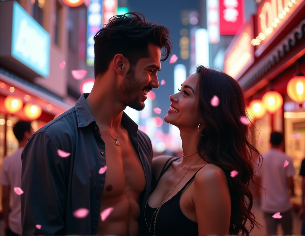 A handsome, dark-skinned Asian man, rich, in good shape, with six-pack abs, dark brown hair, looking at a beautiful, sweet, Asian-style woman with wavy dark brown hair, who is happily dressed in a y way, in the heart of Tokyo.