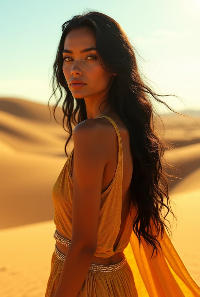 Beautiful woman with black hair and yellow eyes in the desert, digital realistic art