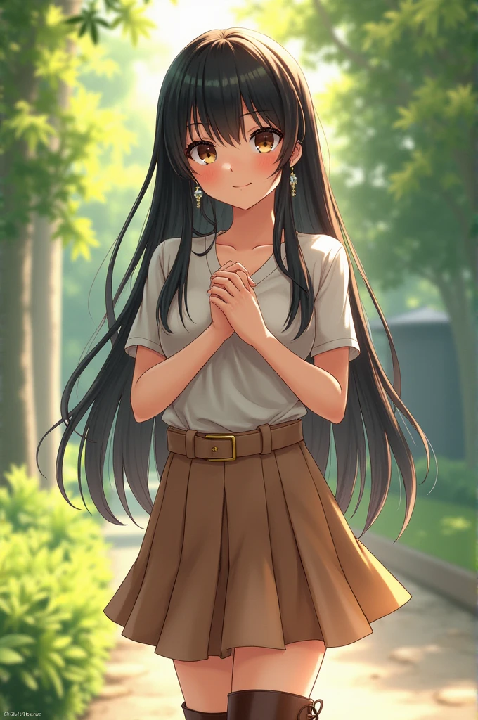 masterpiece, best quality,
1girl, solo, long hair, looking at viewer, skirt, Y-shirt, black hair, brown eyes, jewelry, standing, full body, earrings, boots, own hands together, (front body viewer:1.3), (smile:1.3),outdoor