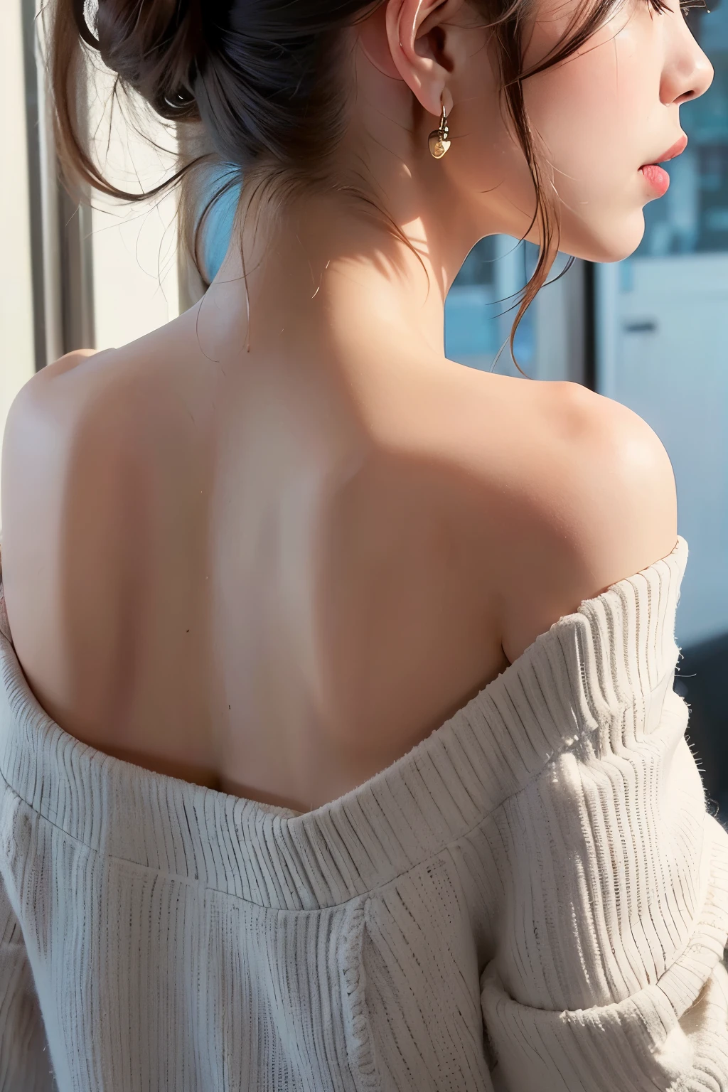 ((Realistic, 8k, Top Quality, Masterpiece: 1.3)), Best Quality, Illustration, Ultra-detailed, finely detail, high resolution, 8K Wallpaper, Perfect dynamic composition, Beautiful detailed eyes, (off-the-shoulder office casual clothes:1.3),((Big breasts)), Natural Color Lip, Random and sexy poses, ((in train)), 20 years girl, sweaty skin:1.4, (beautiful detailed face and eyes:1.4),beautiful short medium hair, Highly detailed face and skin texture, Highly detailed lip texture, Beautiful detailed eyes, Raw Photo, ((Very Delicate and Cute Japanese Girl:1.4)), (1 girl)), Perfect Style, necklace, earrings, ((small shoulder bag:1.2)), realistic shadows, (from behind:2.0), ((look away:1.5)),((close-up of neck:1.7)),(very sexy back and neck:1.2),((focus on Both shoulders:1.8))