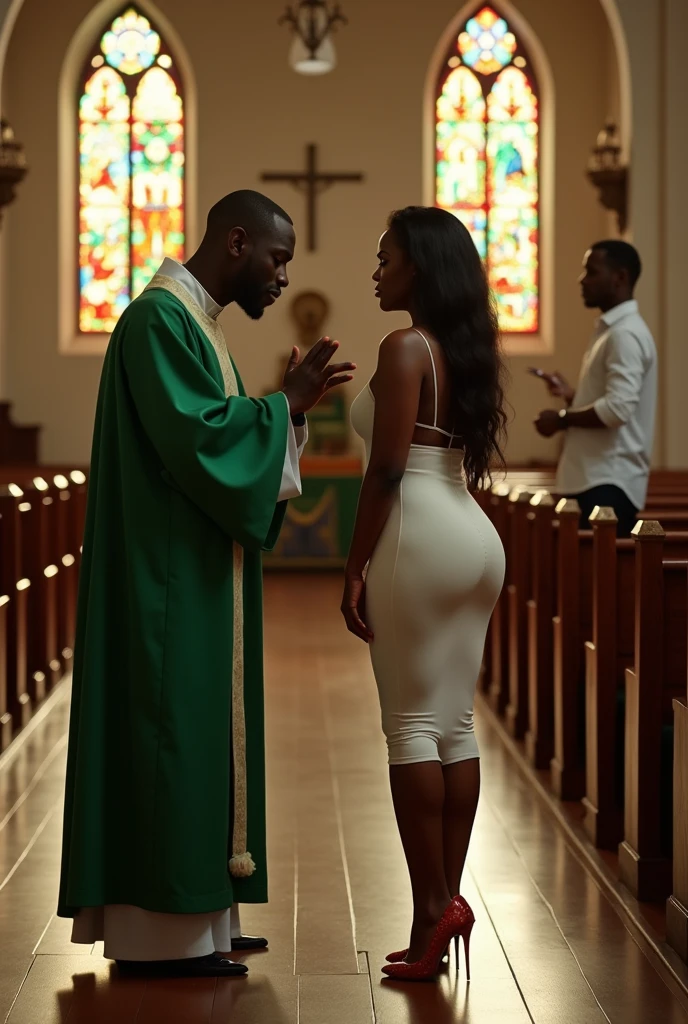 An African catholic priest offering sacrament to a lady in skirt church.
He puts the sacrament to lady's mouth 
Priest gown to be in green color
A man behind the lady observing the sacrament offering to the lady
Ensure the lady is wearing a tight skirt color white and looks more attractive for sex with a big ass
