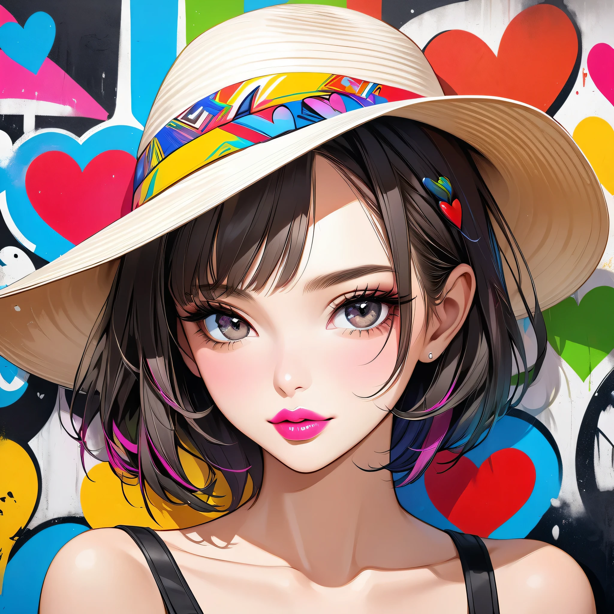 Ultra-realism Micho colorful style, Simple Line Initialism,Abstract art,(((The most beautiful girl of all time))), Sweet face. Lips in love, colorful hearts, stylish design, Summer beach fashion, Dark Eyes, Graffiti on the wall