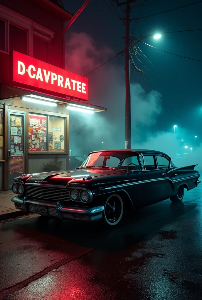 A black vintage sedan car standing near a convenient store at night