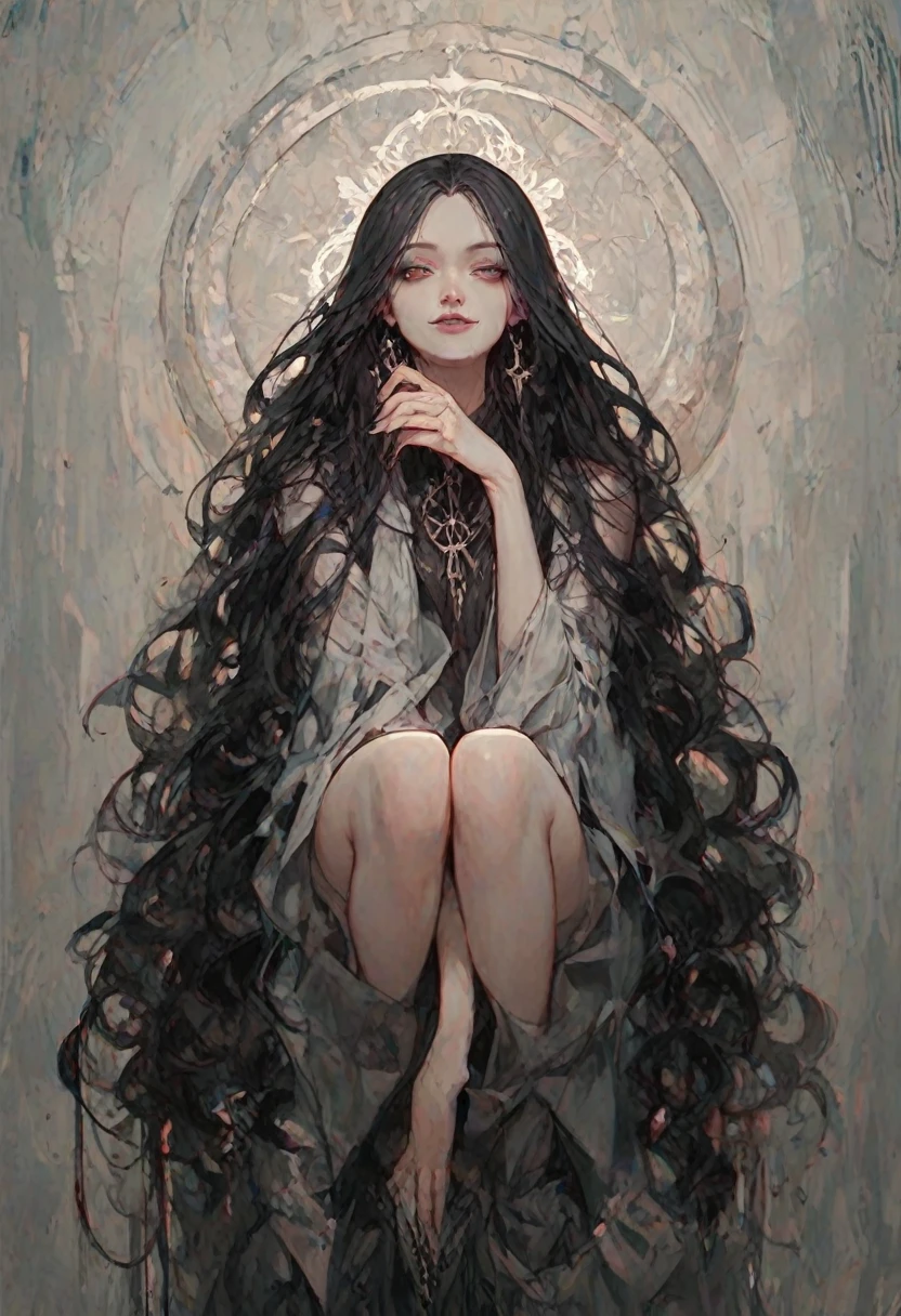 Priestess, black long hair, dark circles under eyes, cold eyes, narrowed eyes, purple eyes, black long flowing garments, smiling slughtly, omnious feeling, demon in disguise, sitting, full body, 