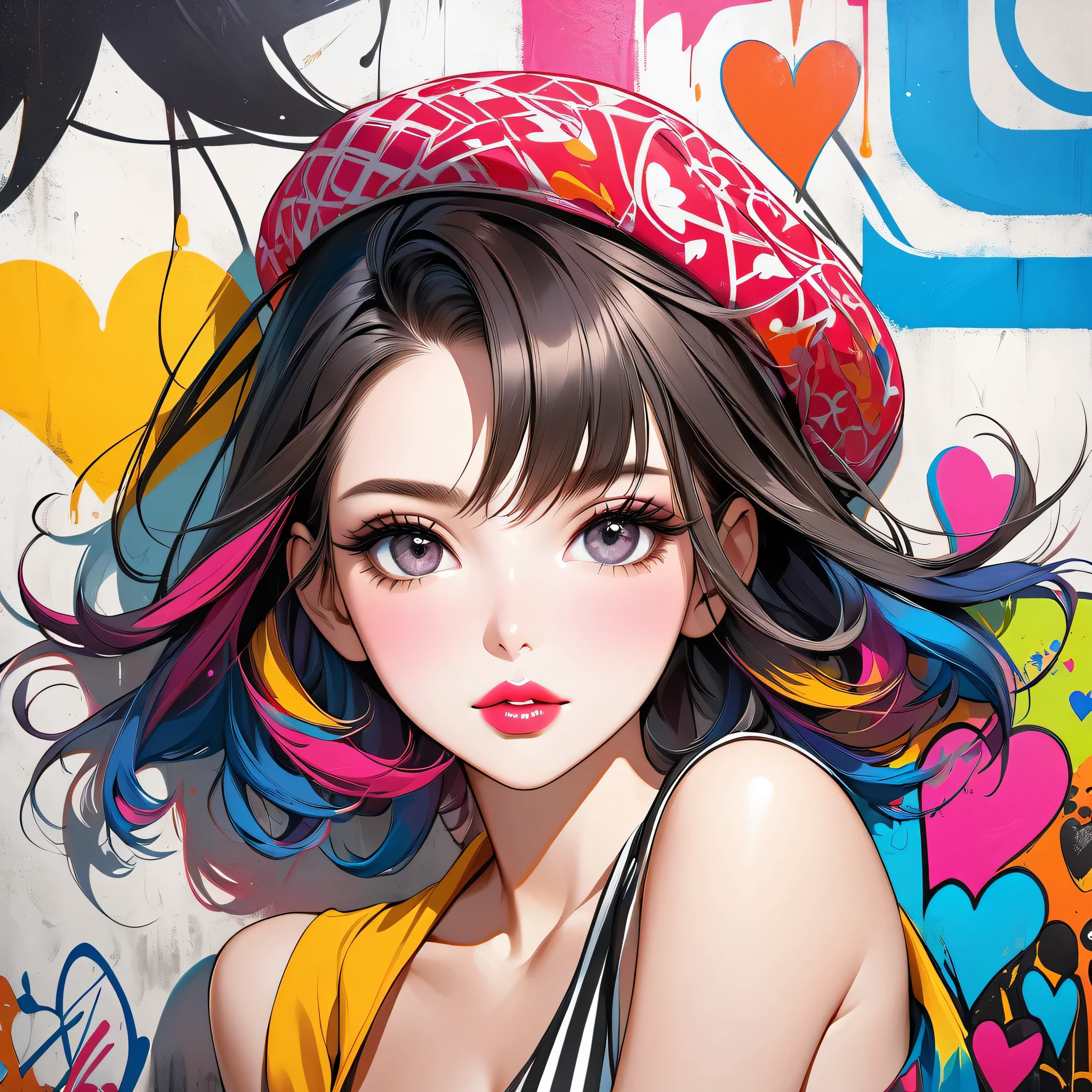 Ultra-realism Micho colorful style, Simple Line Initialism，Abstract art，(((The most beautiful girl of all time))), Sweet face. Lips in love, colorful hearts, stylish design, Summer beach fashion, Dark Eyes, Graffiti on the wall