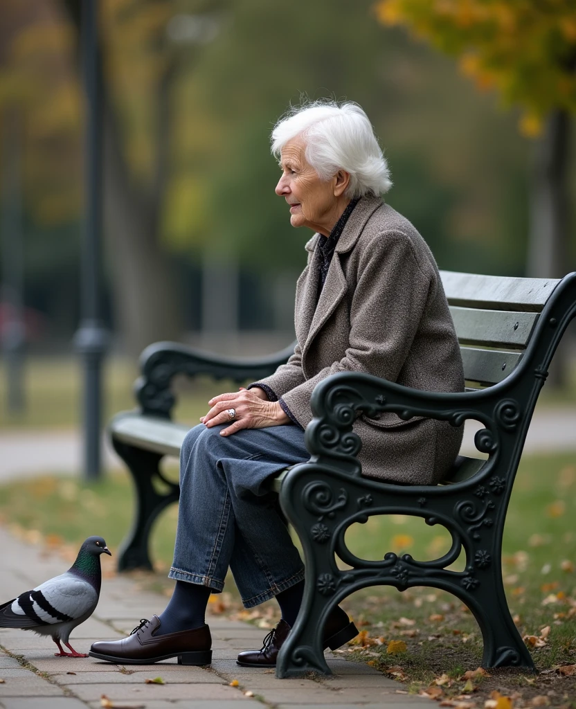 woman, 80 years old, white hair, on a bench, in a park, pigeon around her.