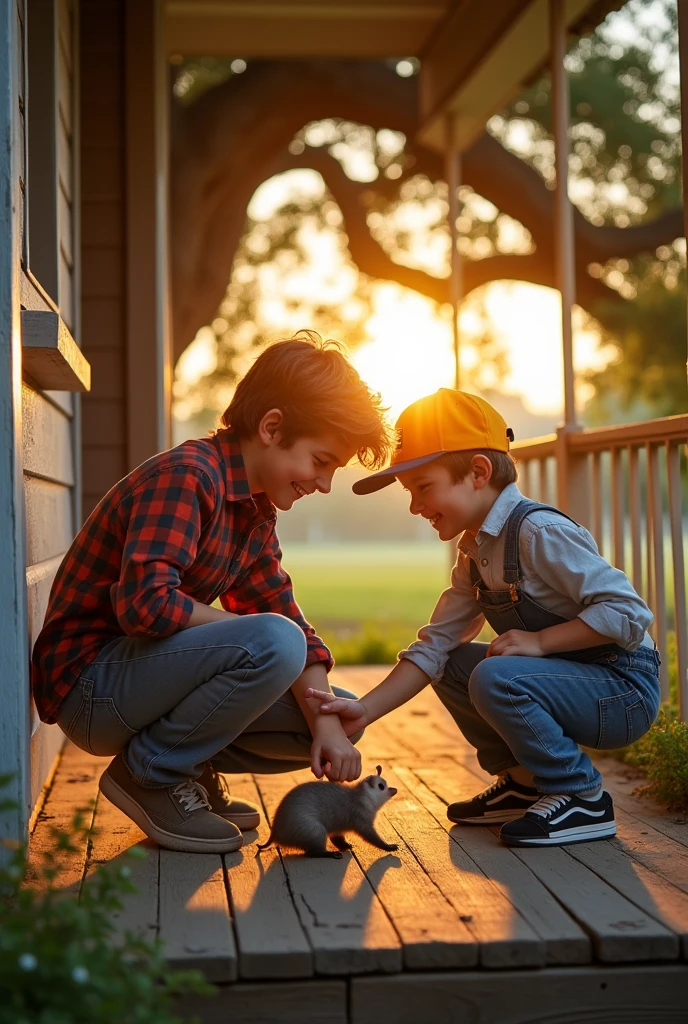 Brothers work with possum in the middle 