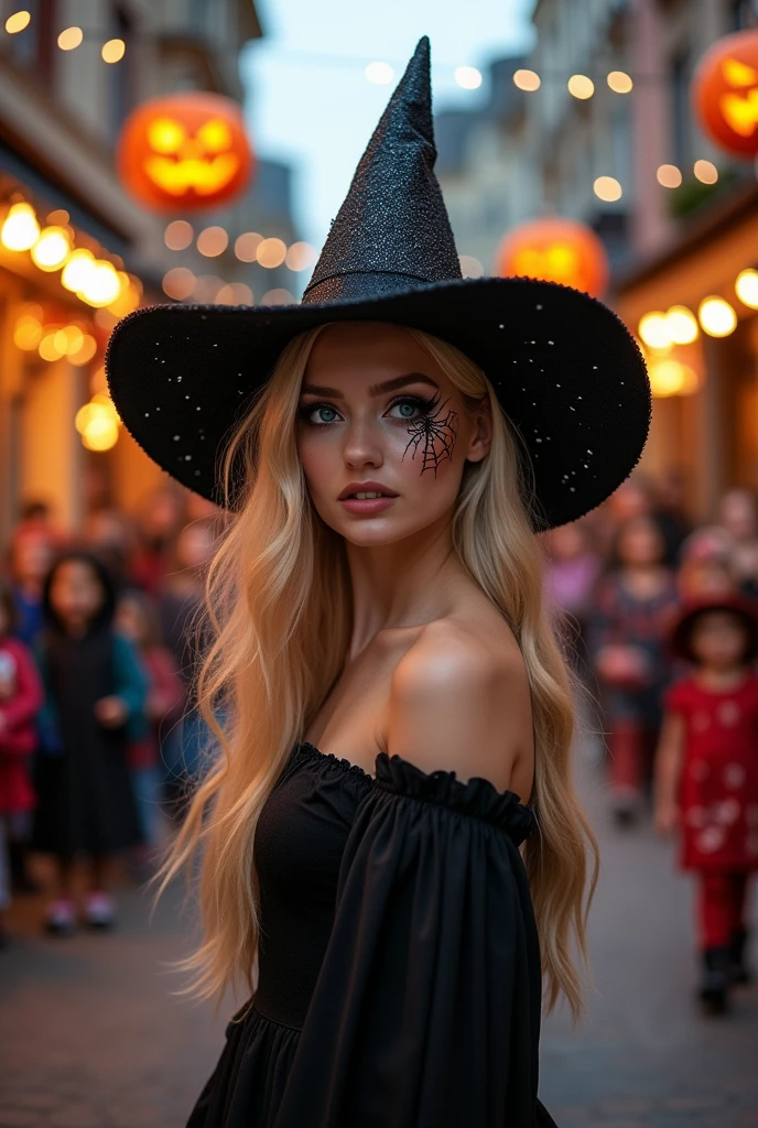 Create a realistic image of a 20 year old woman, Long blonde hair, Blue eyes, cheekbones, ((full body)), dress with a black dress, a glittery witch hat, make up with a spider web on the face, makes a grimace, background image: a street with lots of children for Halloween, head to toe, full body