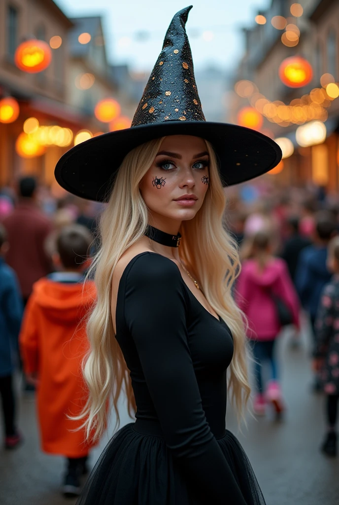 Create a realistic image of a 20 year old woman, Long blonde hair, Blue eyes, cheekbones, ((full body)), dress with a black dress, a glittery witch hat, make up with a spider web on the face, makes a grimace, background image: a street with lots of children for Halloween, head to toe, full body