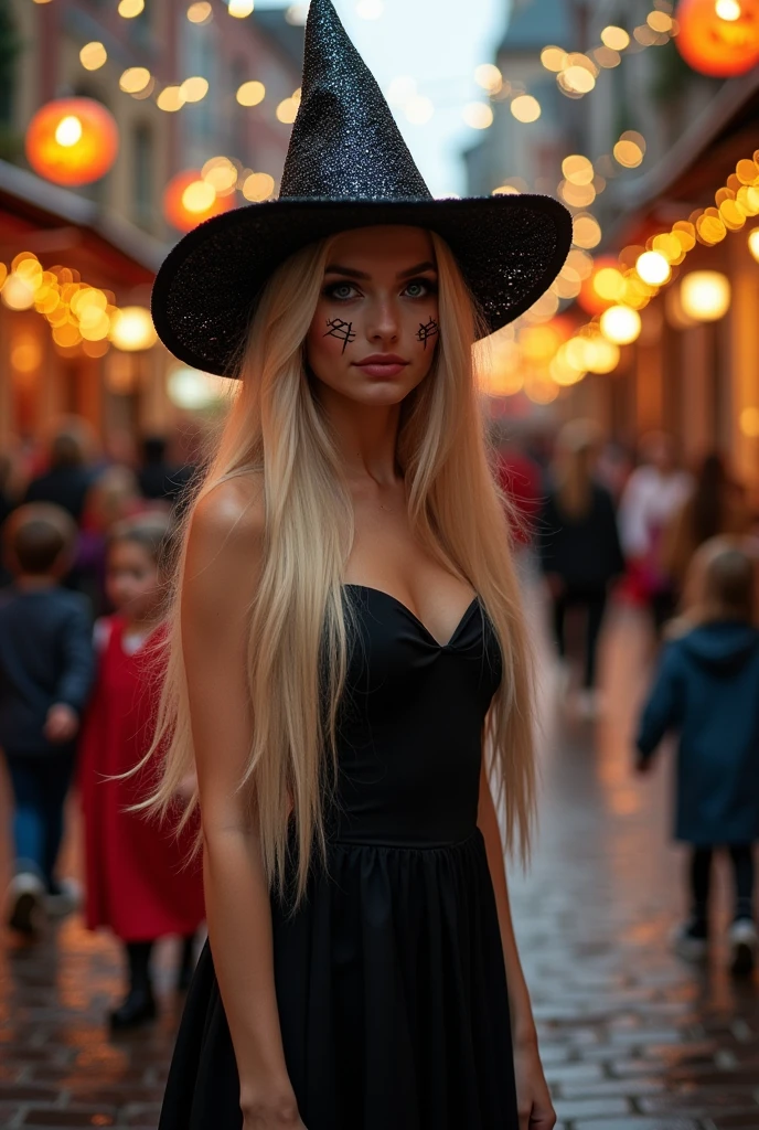 Create a realistic image of a 20 year old woman, Long blonde hair, Blue eyes, cheekbones, ((full body)), dress with a black dress, a glittery witch hat, make up with a spider web on the face, makes a grimace, background image: a street with lots of children for Halloween, head to toe, full body