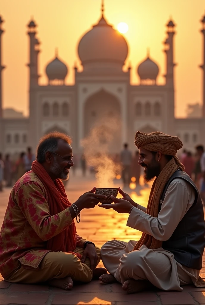 Hindu and Muslim eat together in one cup front of delhi jamma masjid sunset time hyper realistic