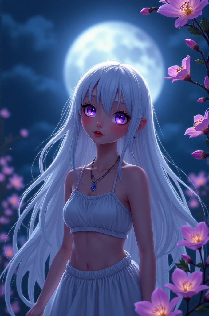 realistic, 1 Indian girl, white hair, purple eyes, glowing eyes, crop top, skirt, parted lips, blush, night, flowers, sun, sunlight,