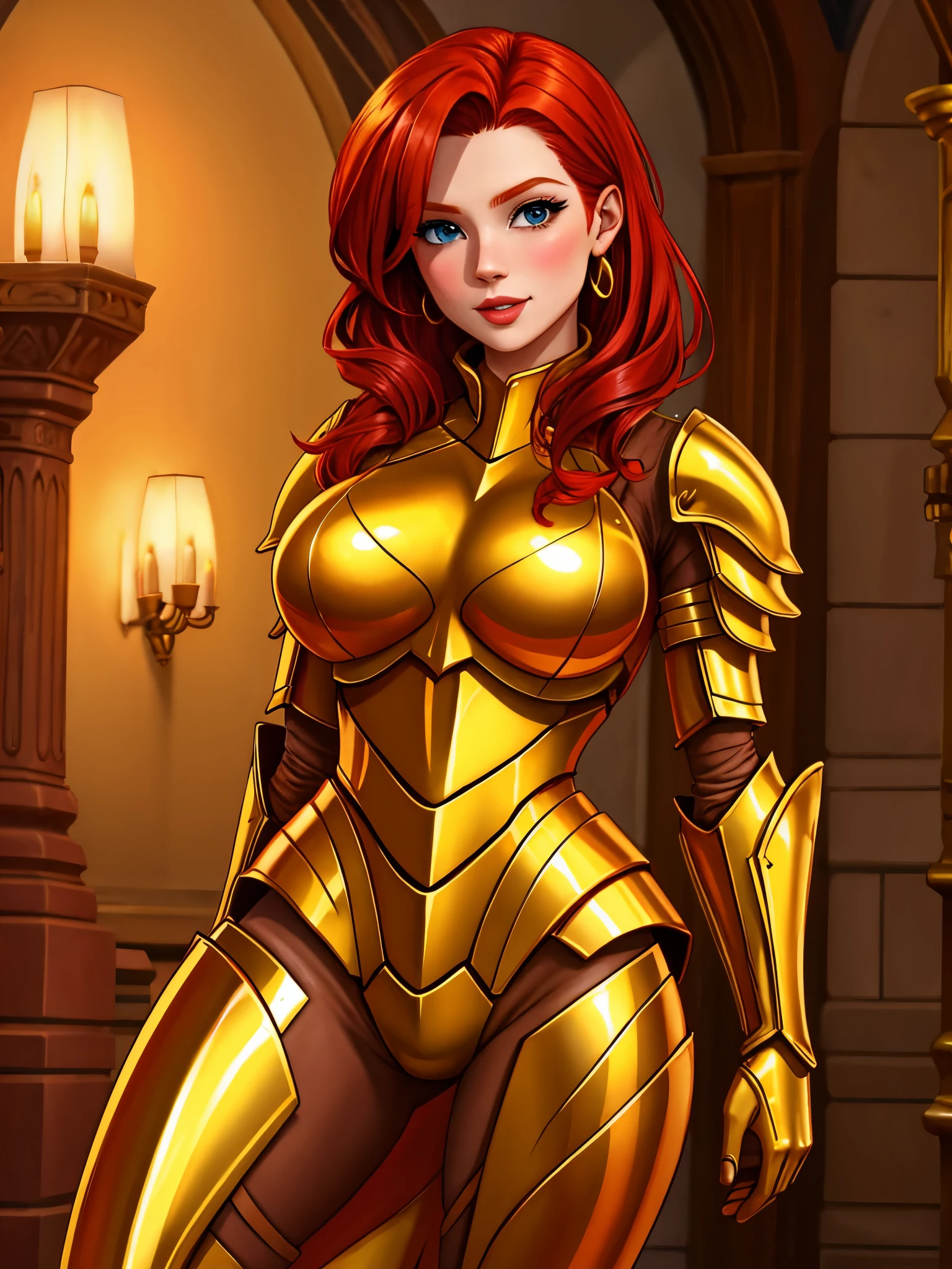 redhead, golden armour that covers her like honey