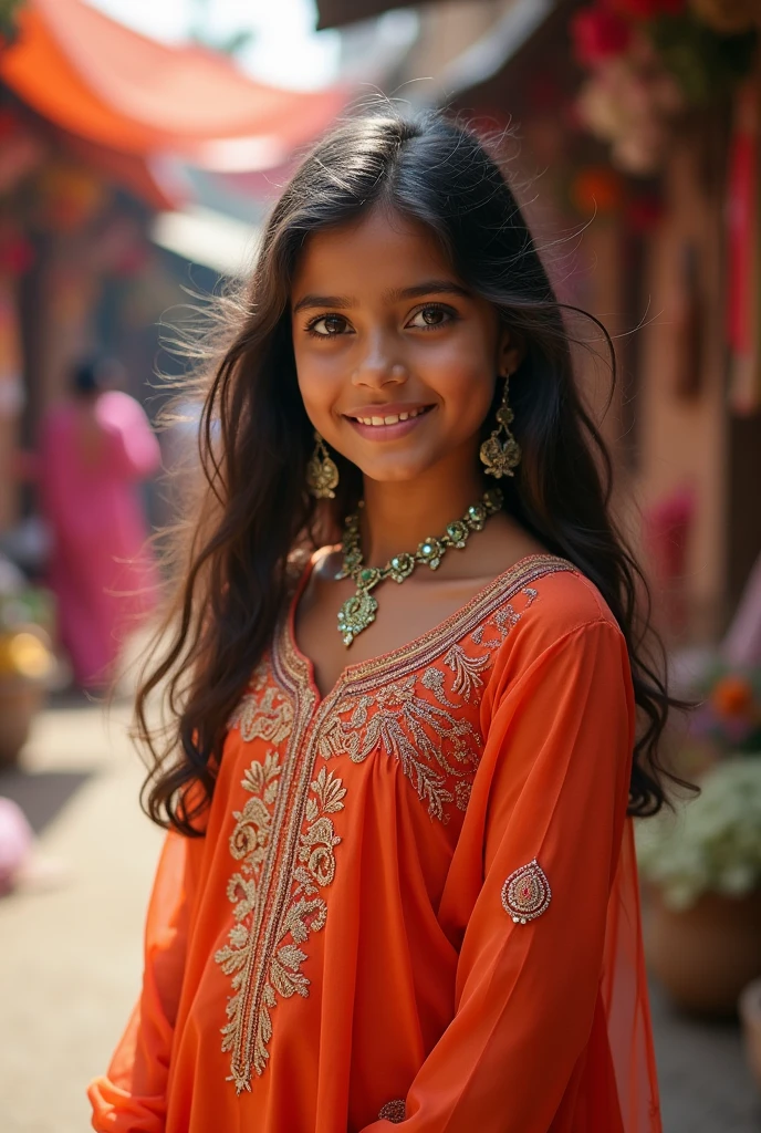 Creat a girl she looks like India and her skin tone is white and she wears a shalwar and suit her eyes color was green , she looks as young and pretty 