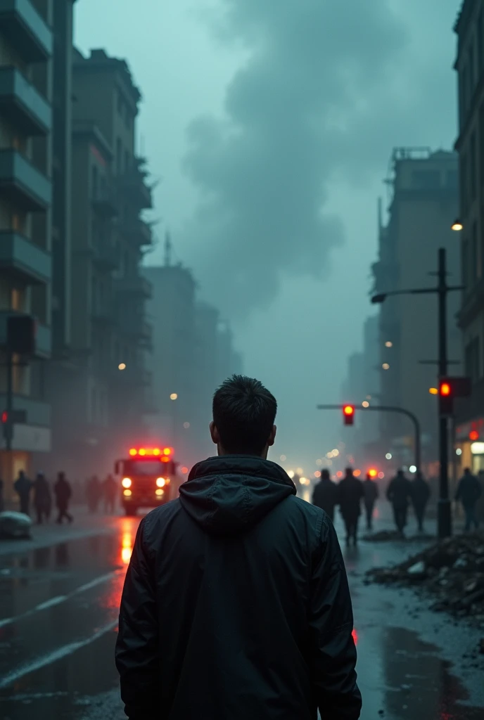a man witnessing a disaster, dramatic lighting, cinematic composition, dark clouds, rain, debris, destroyed buildings, emergency services, intense atmosphere, fear and panic, realistic details, hyper detailed, 8k, photorealistic, cinematic, epic, moody colors, chiaroscuro lighting, dramatic shadows