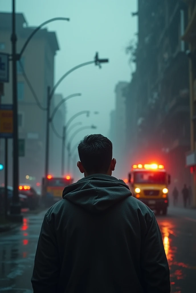a man witnessing a disaster, dramatic lighting, cinematic composition, dark clouds, rain, debris, destroyed buildings, emergency services, intense atmosphere, fear and panic, realistic details, hyper detailed, 8k, photorealistic, cinematic, epic, moody colors, chiaroscuro lighting, dramatic shadows