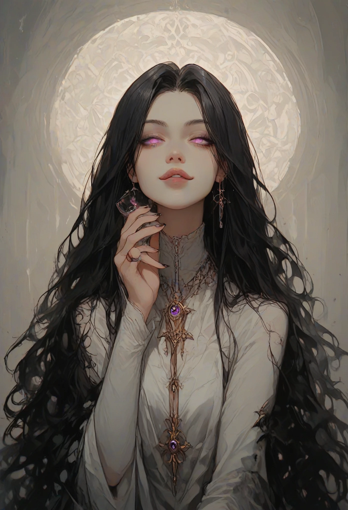 Priestess, black long hair, dark circles under eyes, cold eyes, narrowed eyes, purple eyes, black long flowing garments, smiling slughtly, omnious feeling, demon in disguise, sitting, drinking tea,