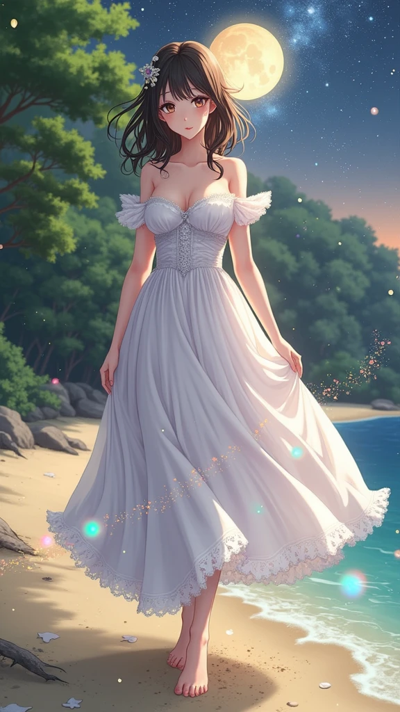 (masterpiece、Highest quality、8k、High resolution)、One female、(Beautiful Face、Beautiful Face)、Beautiful eyes、Beautiful lips、Beautiful nose、Brown-black hair、(The best girl in anime)、Sandy beach with a view of the forest、A bright night with stars visible、full moon、milky way、体whole bodyから神秘的な光の粒子、Colorful light particles、A mysterious light glowing around the head、melt、jewelry、necklace、dress、(whole body)、Highly detailed anime art、A complete portrayal、