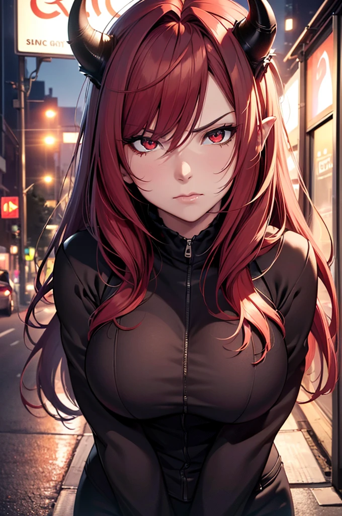 (best quality,4k,8k,highres,masterpiece:1.2),ultra-detailed,(realistic,photorealistic,photo-realistic:1.37) tsundere red haired succubus with a disgusted look on her face, imp tail, horns, sexy outfit, beautiful, modern day city, night time