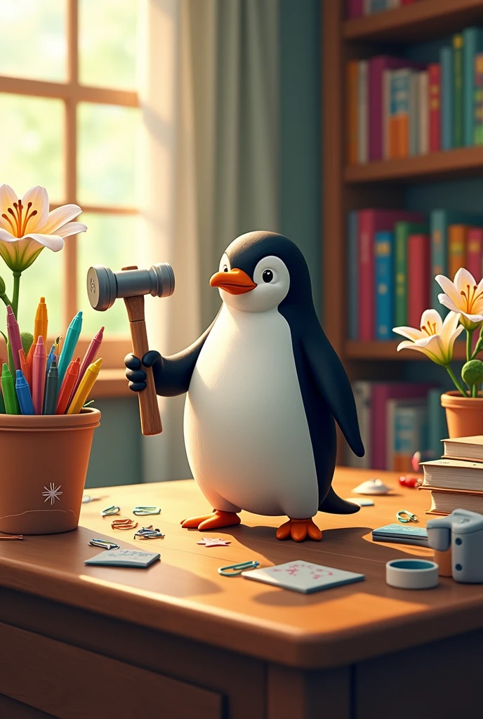 A penguin with a hammer、Pushed the lily off the desk