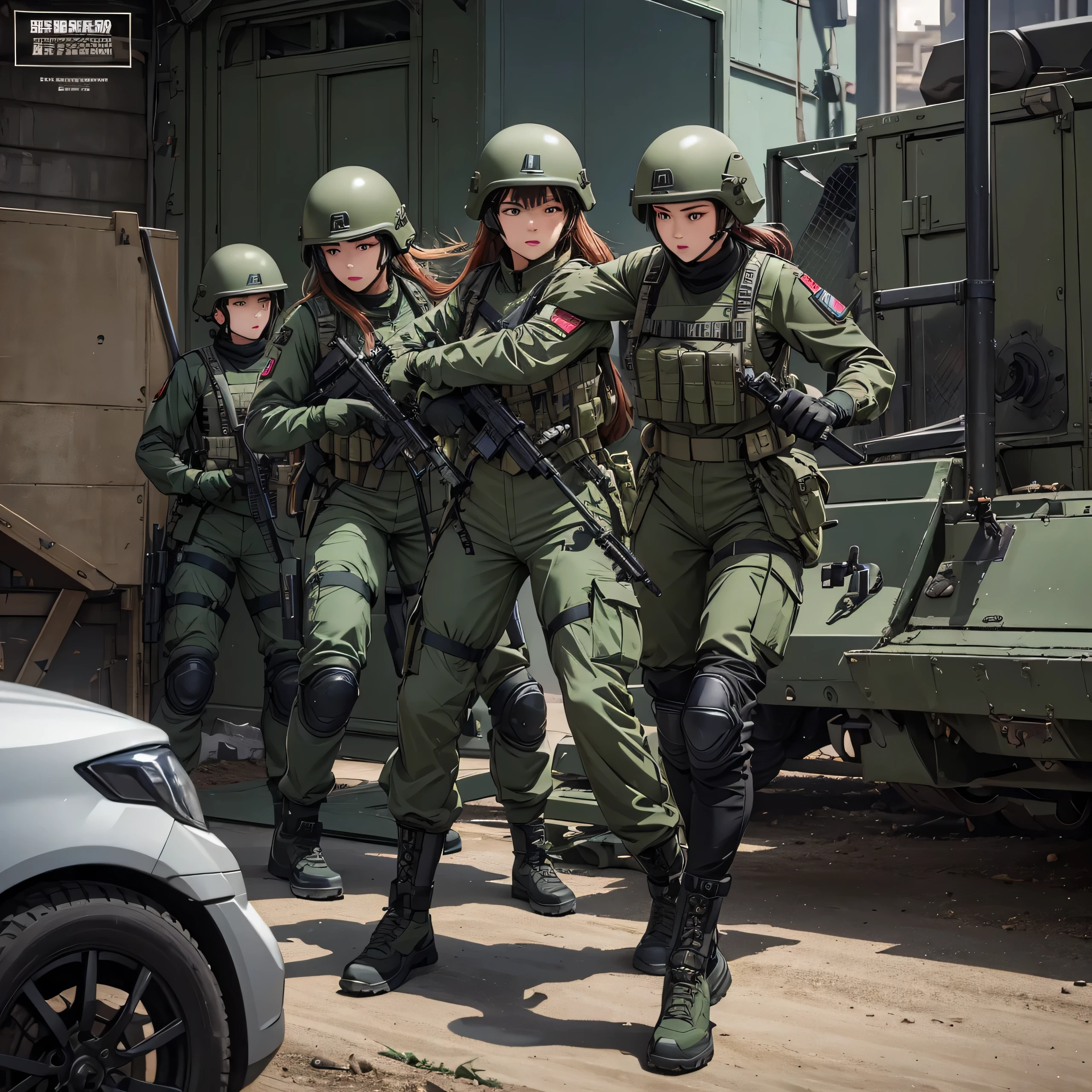 Three female special forces soldiers wearing helmets,Boxing Stance,Unarmed Combat,front,Tactical gloves,Dark green M51 military uniform、Military Pants、Magazine Pouch、Tactical harness、Knee pads,Write details、masterpiece、best quality、Highly detailed CG、8K picture quality、