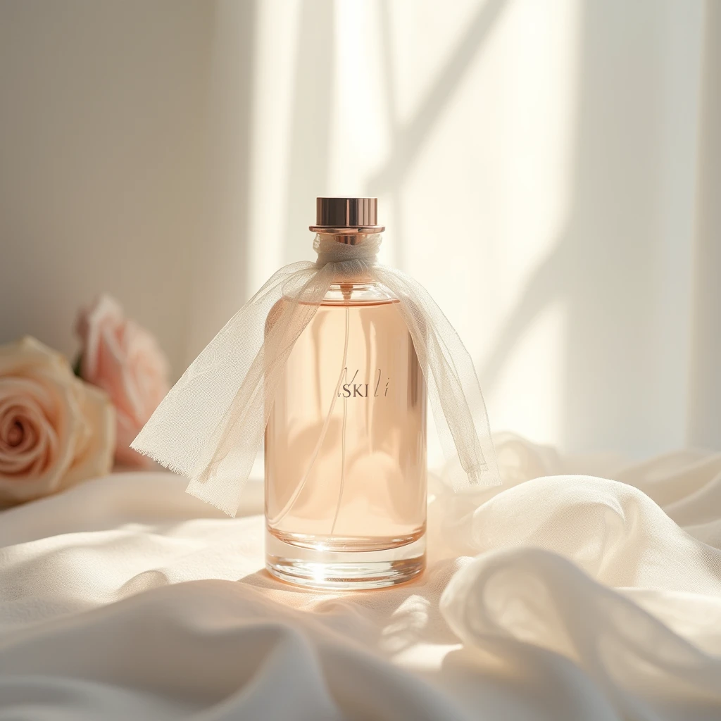Pink series Commercial photography , SKIl essence bottle, Opaque bottle, tulle fluttering in the wind , delicate texture , minimalism , romantic tone , translucent , beautiful , graceful lines , naturalrealistic photography , high resolution , fine details ,8k --s 50