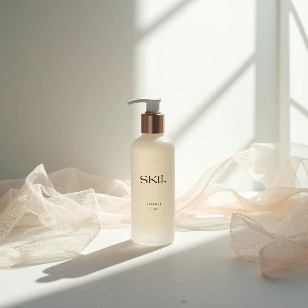 Pink series Commercial photography , SKIl essence bottle, Opaque bottle, tulle fluttering in the wind , delicate texture , minimalism , romantic tone , translucent , beautiful , graceful lines , naturalrealistic photography , high resolution , fine details ,8k --s 50