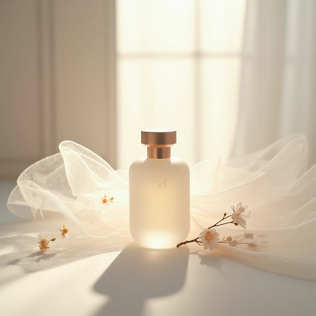 Pink series Commercial photography , SKIl essence bottle, Opaque bottle, tulle fluttering in the wind , delicate texture , minimalism , romantic tone , translucent , beautiful , graceful lines , naturalrealistic photography , high resolution , fine details ,8k --s 50