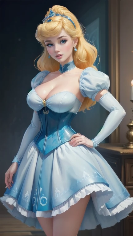 ((1 girl)), Masterpiece, (high quality, best render), (beautiful girl, cinderella), (bomb, pin-up style), hot, floss, perfect body, 4k hd, disney princess, beautiful female princess, anime princess, hd artwork, official art, disney cartoon, beautiful princess, large breasts, sexy pose, vibrant colors, she has pale skin cinderella, disney character, disney character style, disney's princess, disney art style, disney artstyle, anime princess, fantasy, on a giant chessboard, a cartoon princess, blue corset, white short, long thin legs,