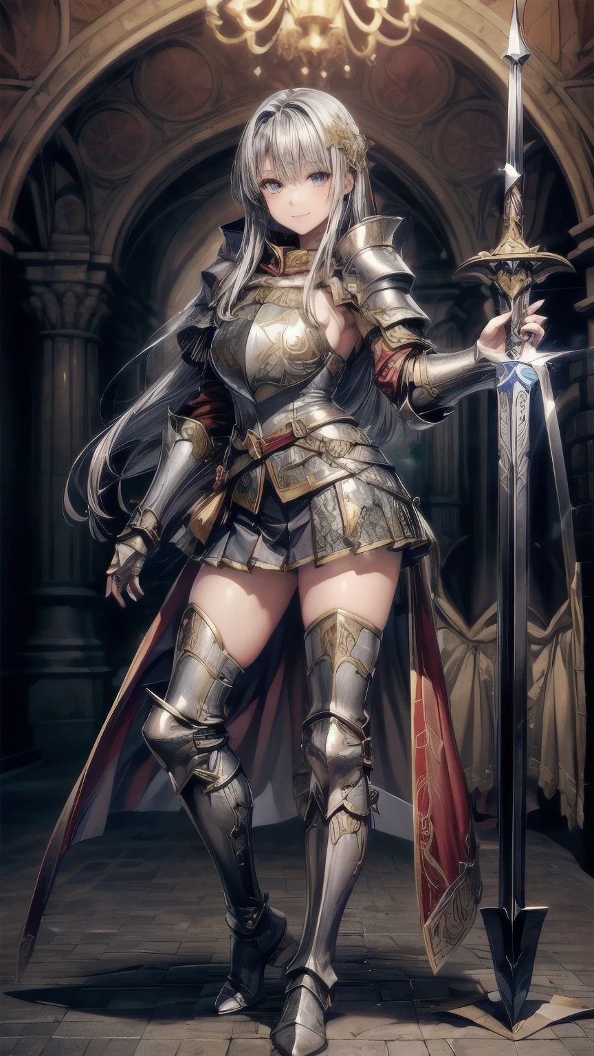 1girl,((Beautiful blue medium hair,Golden Eyes)),((A luxurious metal armor that covers the upper body,pleated micro mini skirt,Thigh-length silver metal boots,Silver metal gauntlets,A very large red cloak:1.55)),8K quality,Extremely sophisticated digital art,((With his legs spread apart, he holds a large sword in both hands.:1.7)),Perfect beautiful girl,A strong smile,(Full body up to the toes:1.05),Extremely detailed hair and face,Artistic pastel art